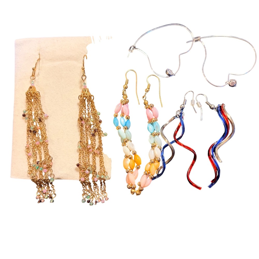 Vintage Statement Earring Lot 4 Pairs Gold Tassel Pastel Bead Spiral Heart Hoops
